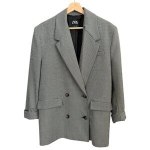 Zara Gingham Plaid Double Breasted Oversized Blazer Black White S Old Money